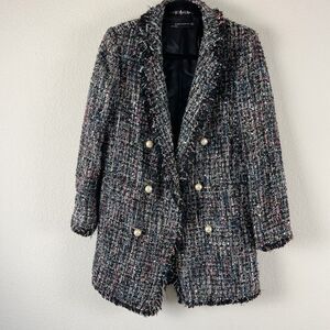 Zara Tweed Long Blazer Womens Small Blue Boucle Pearl Button Metallic Fringe